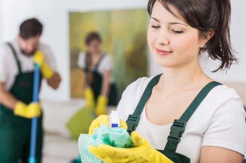 Professional cleaner inspecting carpet cleaning requirements